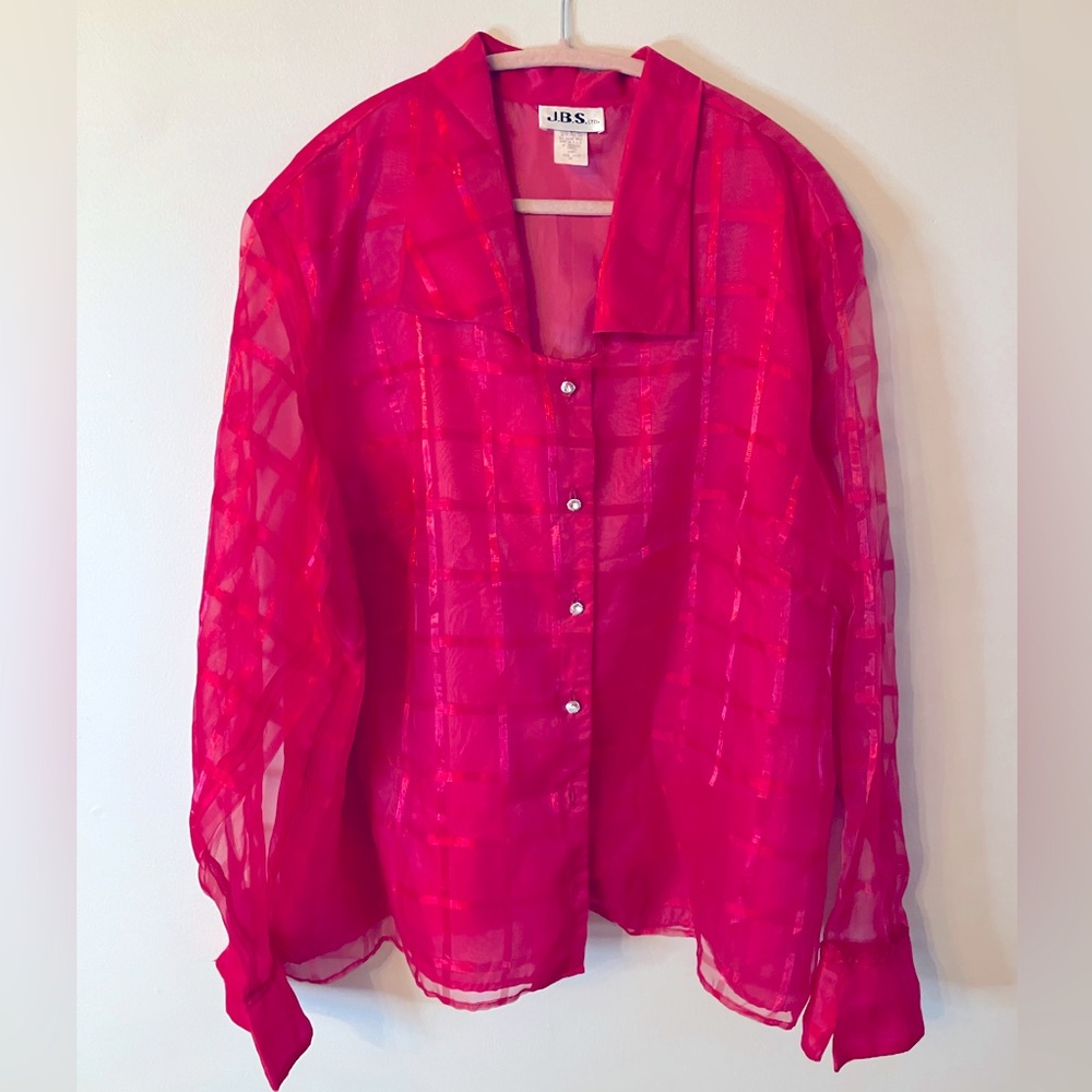 Vintage Hot Pink sheer oversized button down with diamond buttons